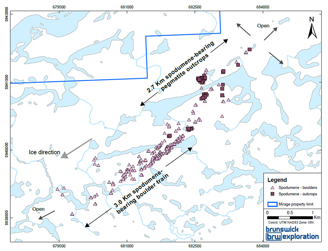 Figure 1: Location of spodumene-bearing outcrops and boulder train