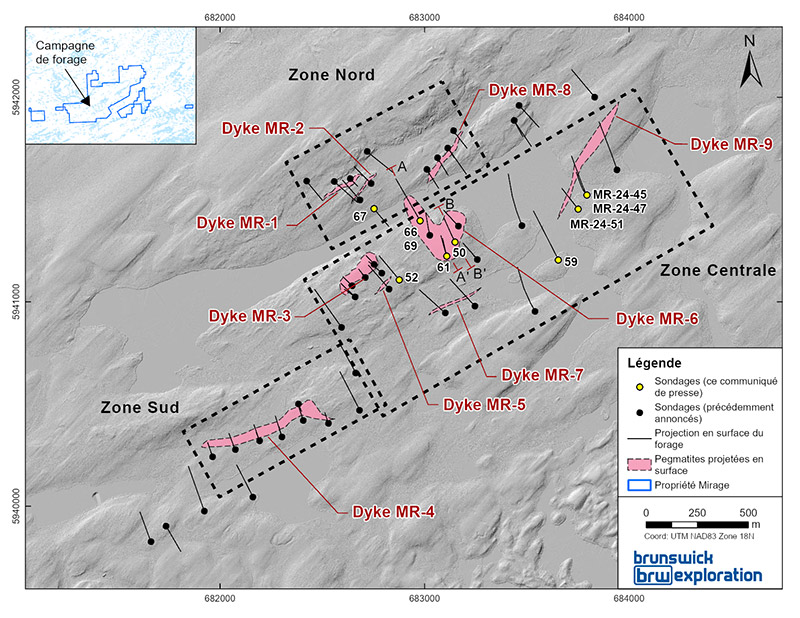 Figure 1 : Carte de surface du projet Mirage et des forages réalisés à ce jour