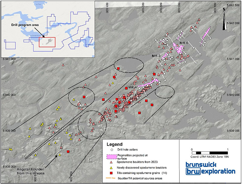 Figure 1: Surface map of the till program and location of new spodumene boulders