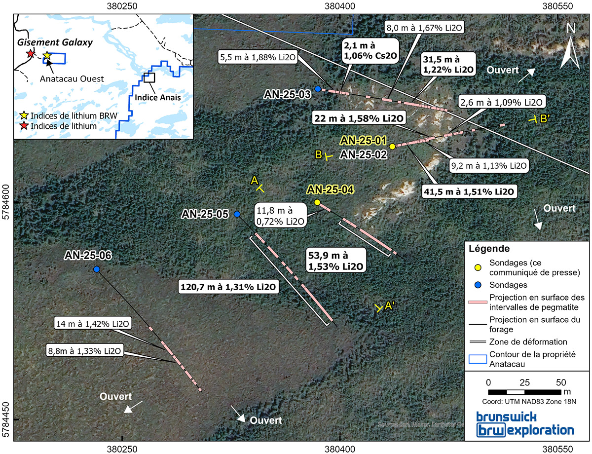Figure 1 : Carte de surface du projet Anatacau et des forages complétés à ce jour