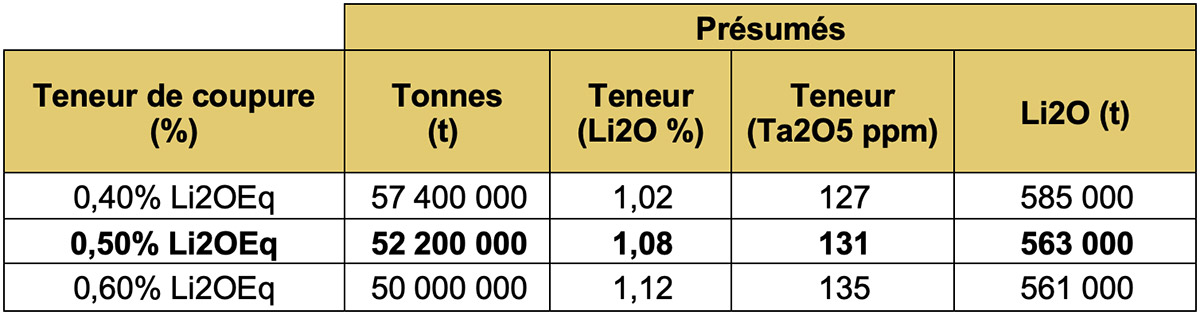 Tableau 1 : Estimation des ressources minérales dans la fosse du Projet Mirage